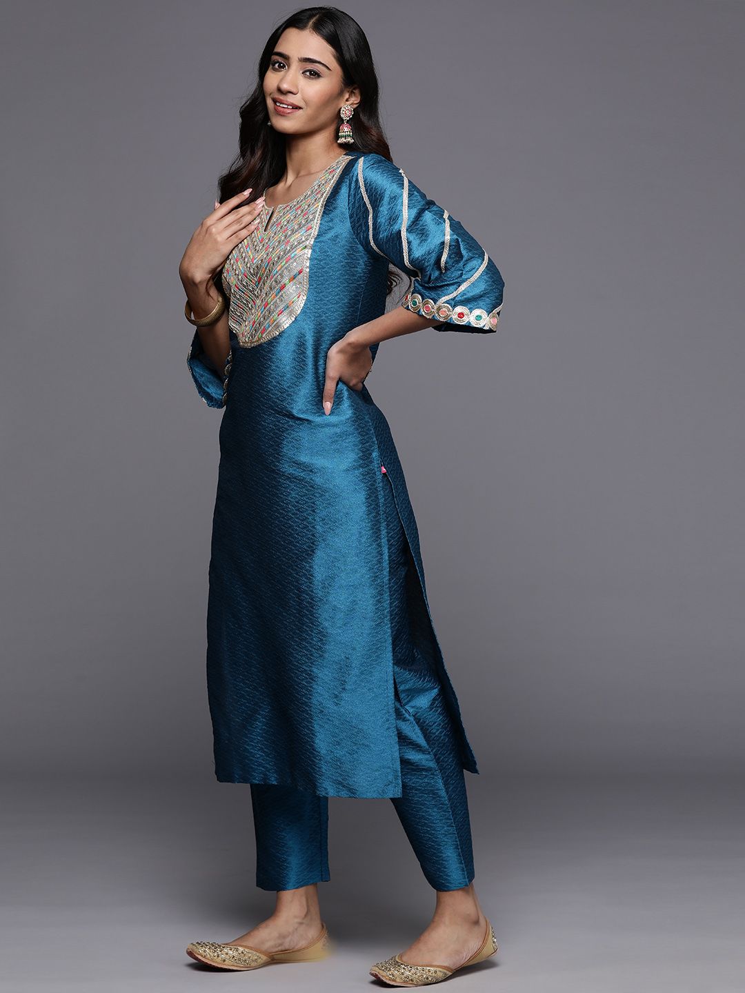 Dhiyona VA Women'sEthnic Motifs Embroidered Regular Sequinned Kurta with Trousers & Dupatta