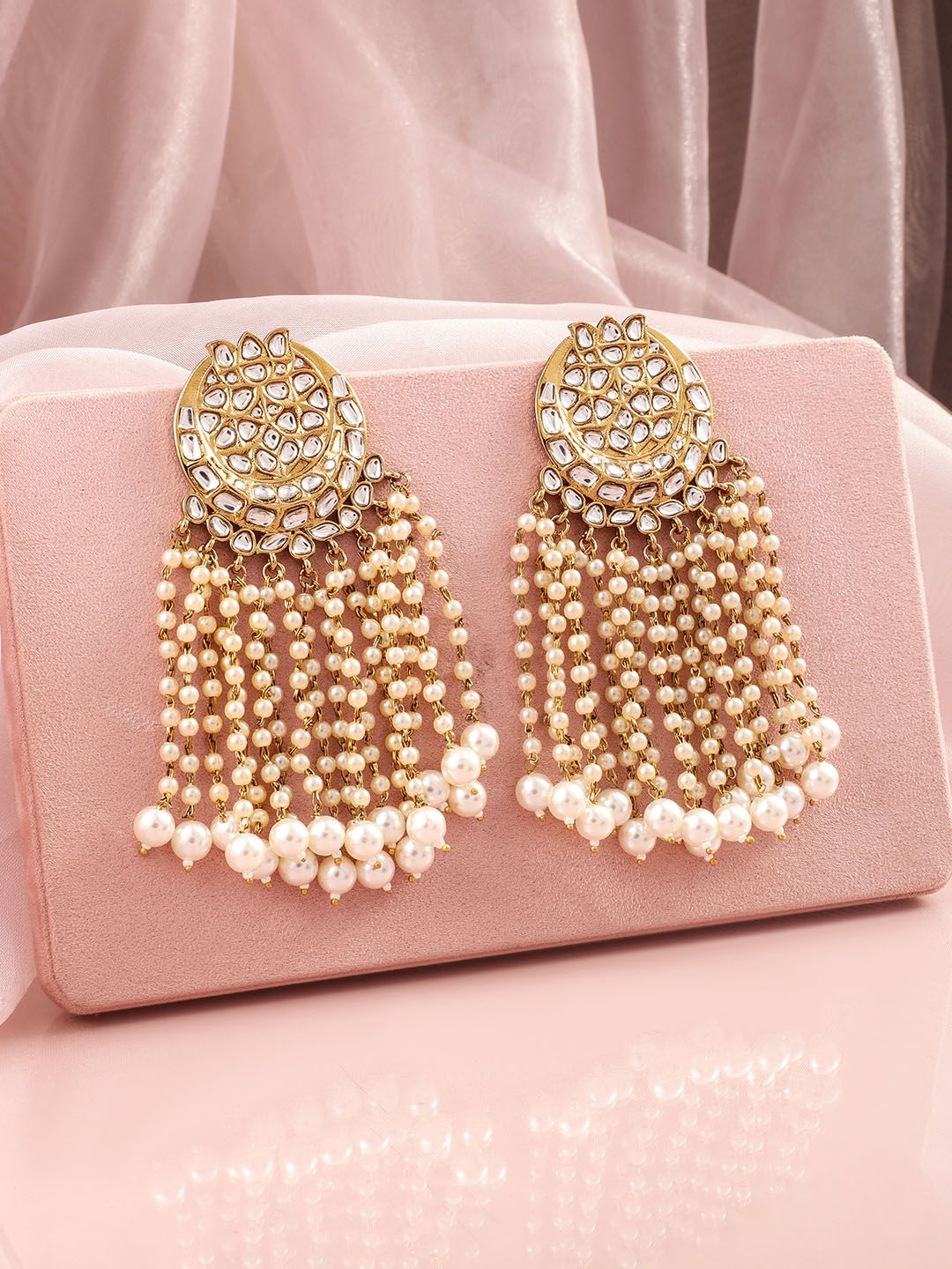 Dhiyona RJ Women's 18K Mehandi Gold-Plated Kundan Studded & Pearl Beaded Multilayer Chandlier Earrings