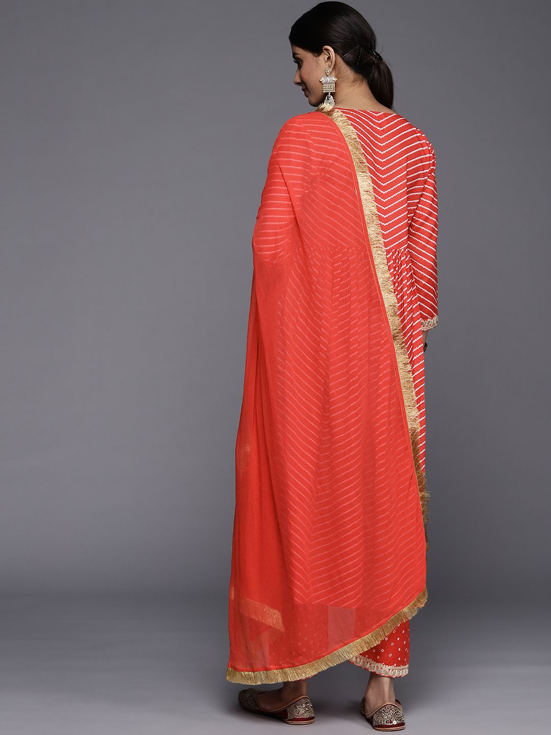 Dhiyona VA Women's Red Leheriya Embroidered Empire Kurta with Trousers & With Dupatta