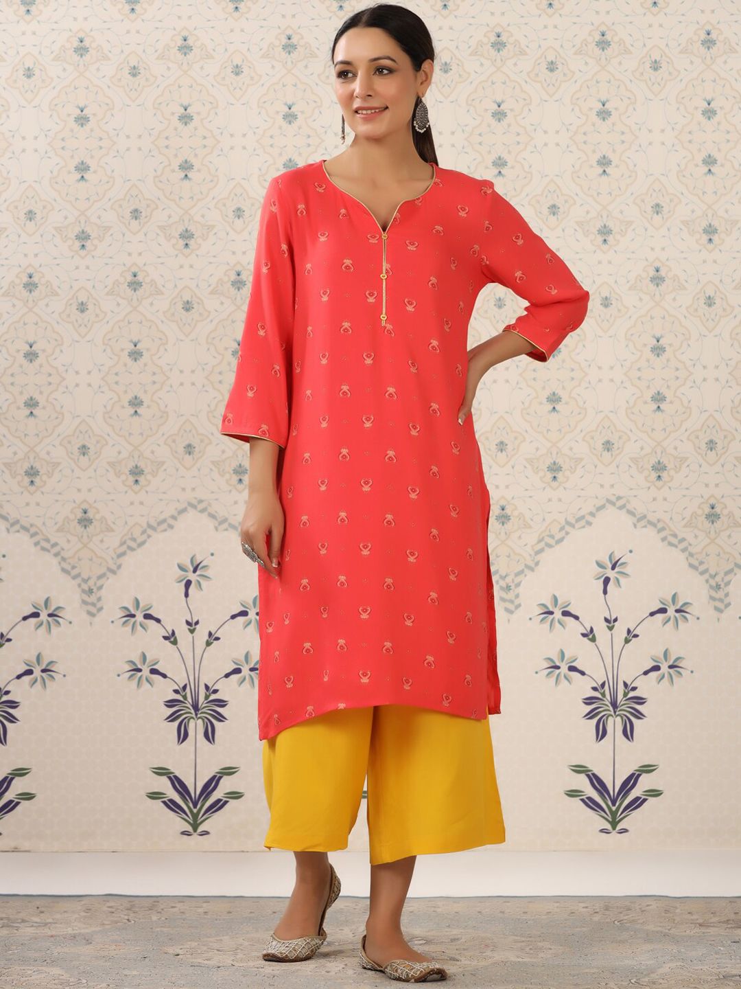 Dhiyona OD Red & Yellow Ethnic Motif Printed Notched Neck Kurta With Palazzos
