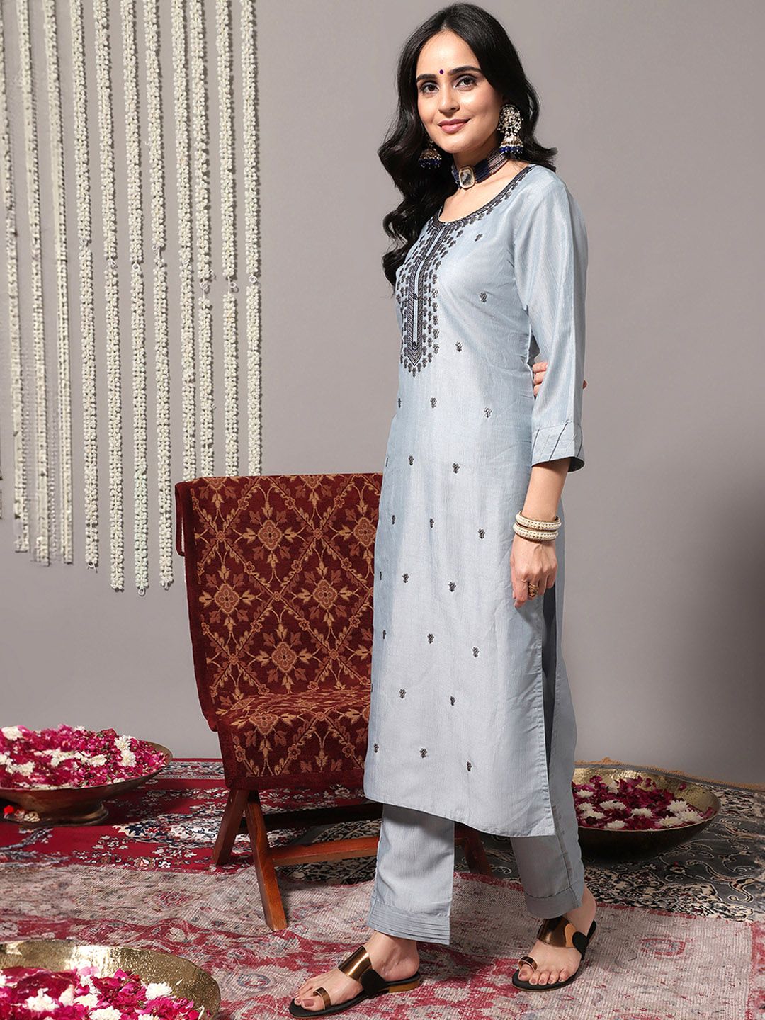 Dhiyona VA Women's Sequinned Kurta with Trousers & With Dupatta