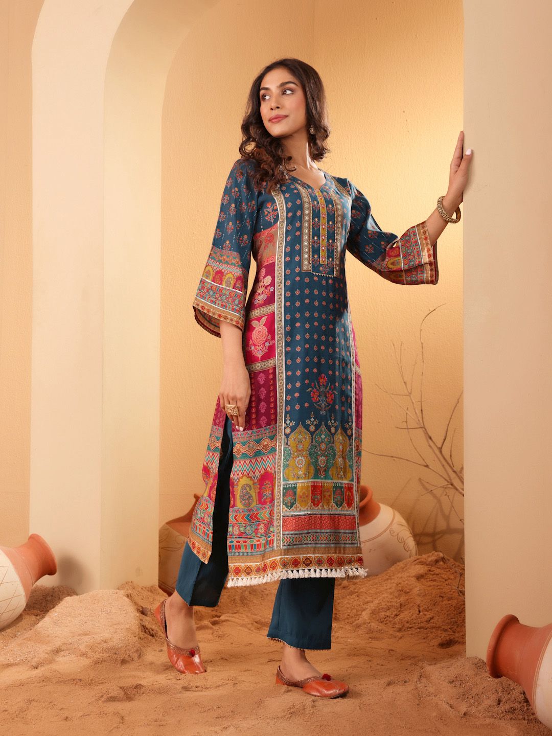 Dhiyona VA Women's Ethnic Motifs Printed Regular Gotta Patti Kurta with Trousers & Dupatta