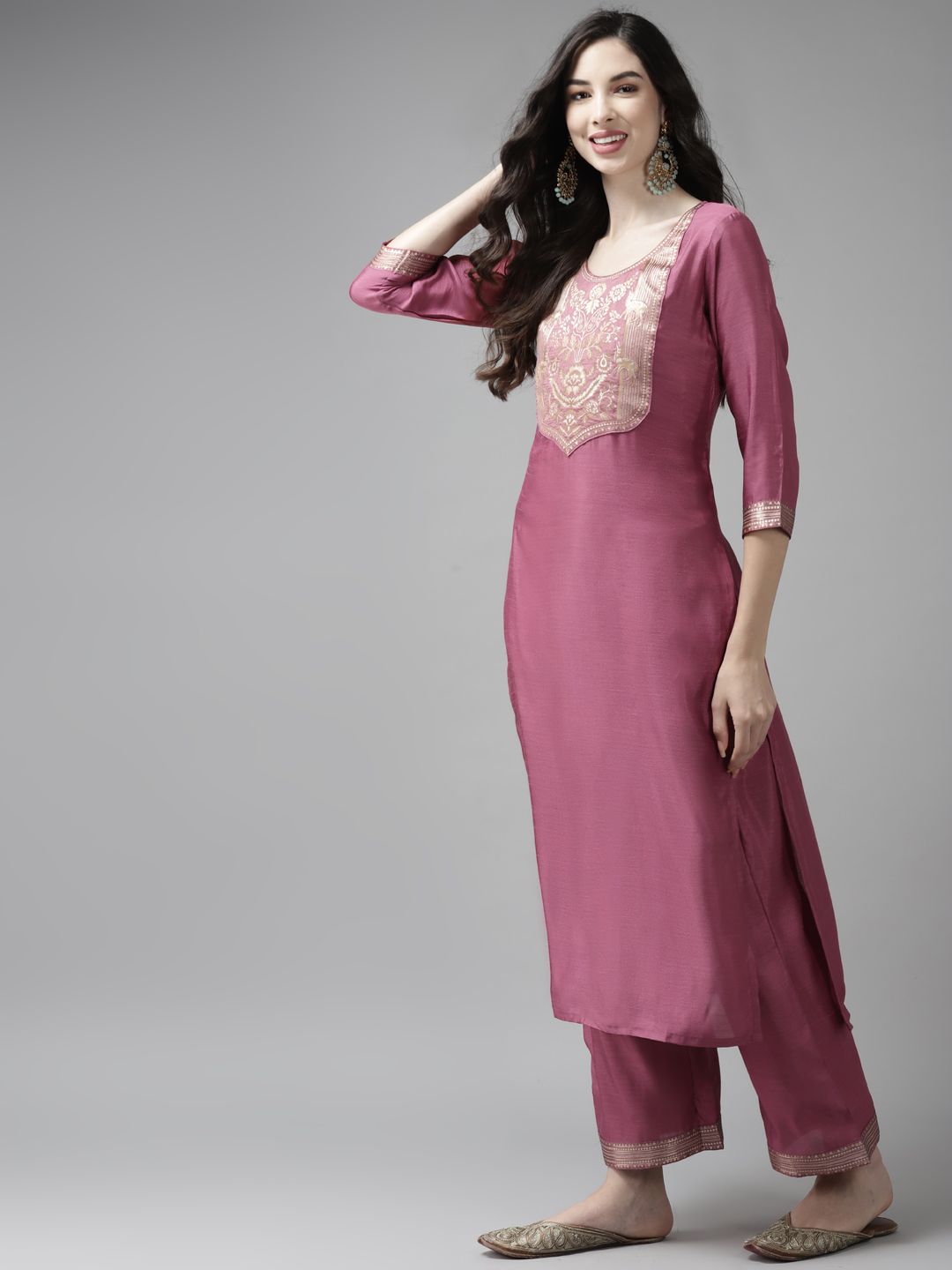 Dhiyona IE Women Pink Yoke Design Regular Kurta with Palazzos & Dupatta