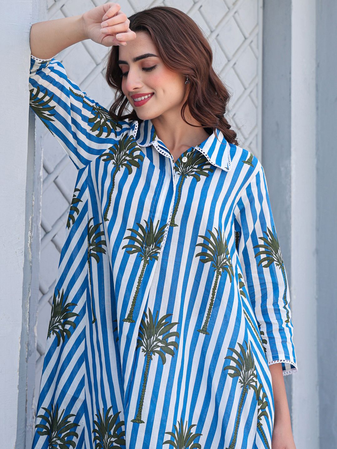 Floral Printed Shirt Collar Pure Cotton A-Line Kurta With Trousers