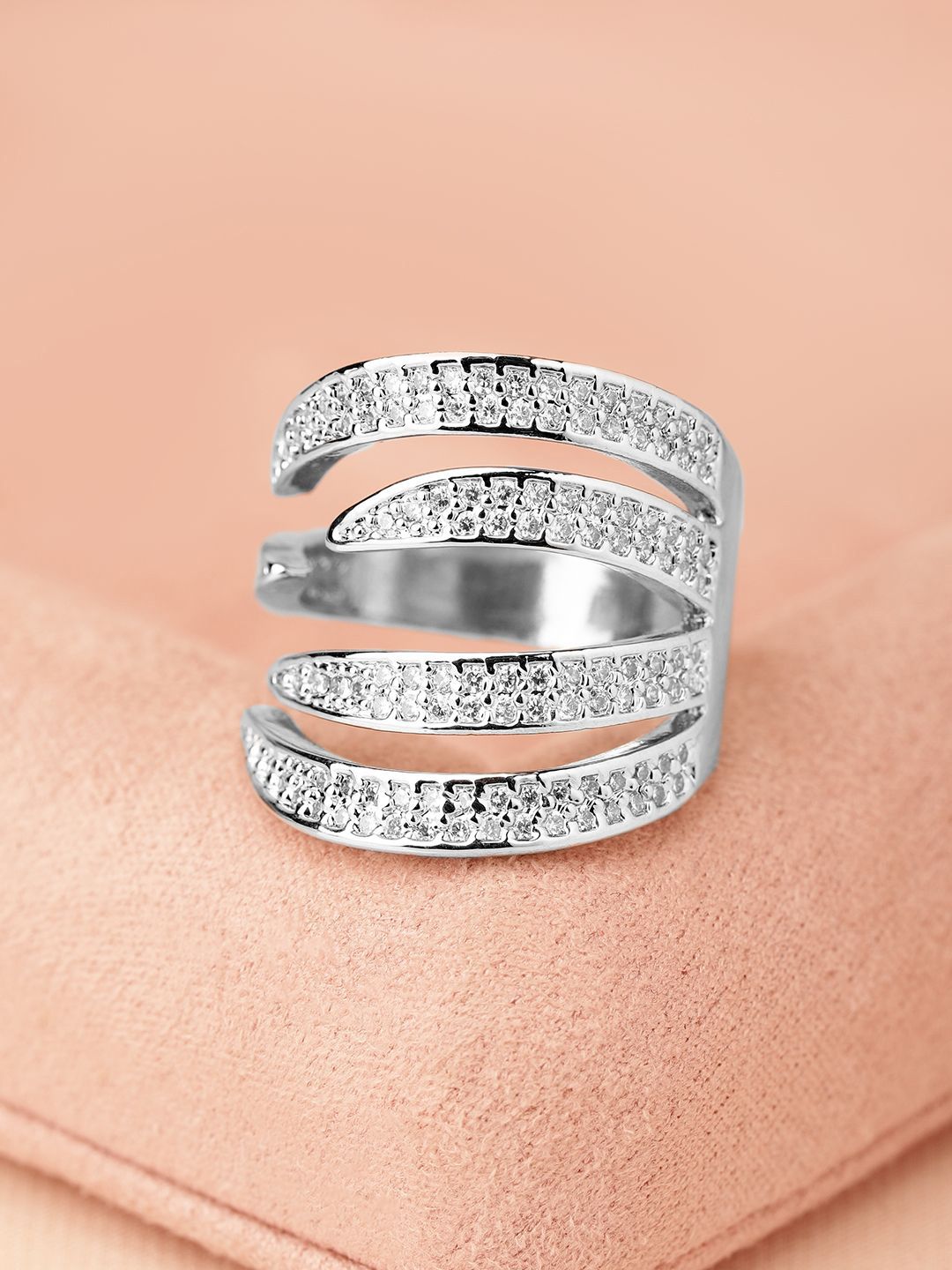 Dhiyona RJ Women's Rhodium Plated Cubic Zirconia Studded Adjustable Statement Ring