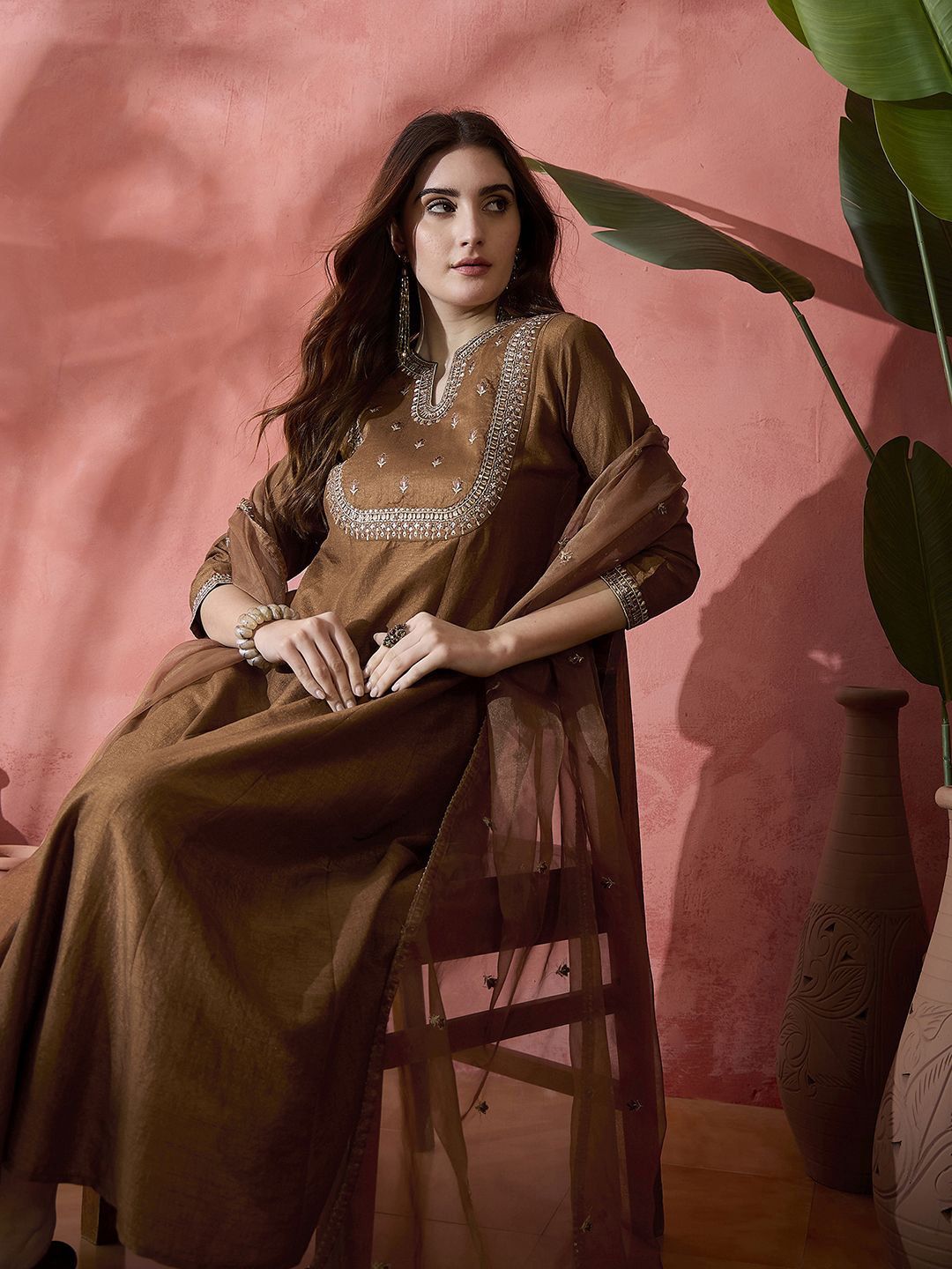 Dhiyona SN Women's Floral Embroidered Sequinned A-Line Kurta With Trousers & Dupatta