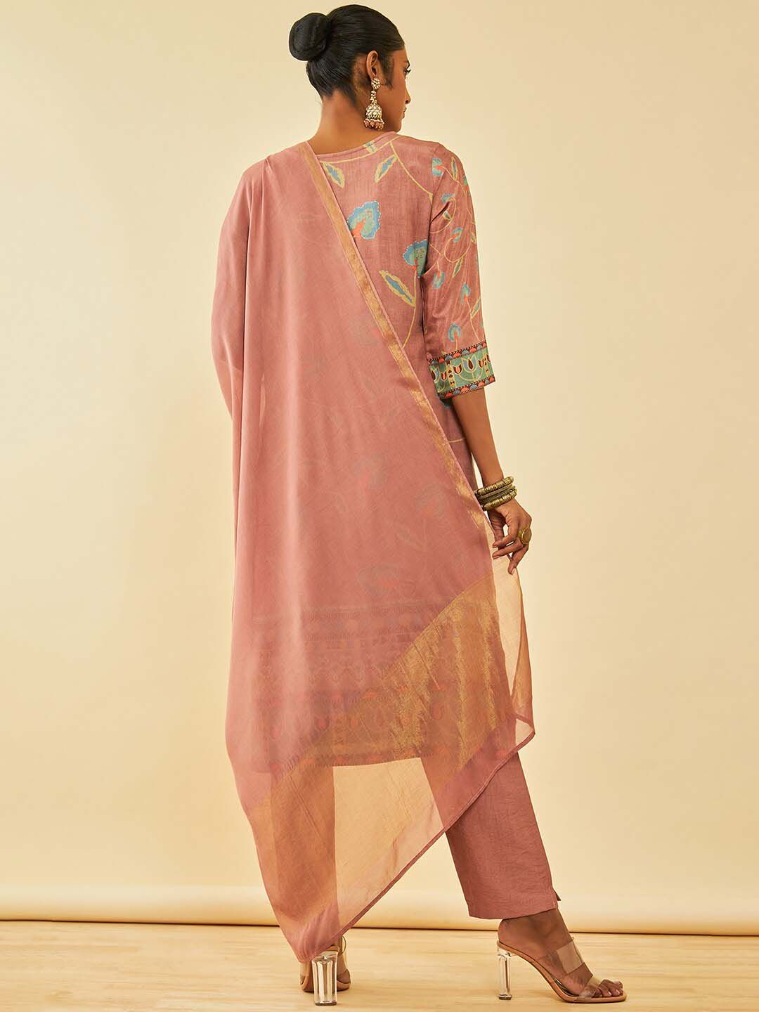 Dhiyona SO Women's Floral Printed Regular Beads and Stones Kurta with Trousers & With Dupatta