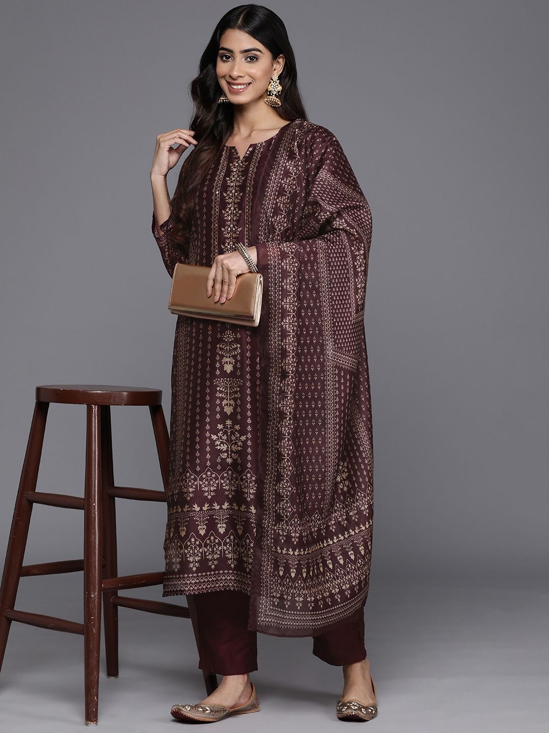 Dhiyona VA Women'sEthnic Motifs Printed Sequinned Chanderi Silk Kurta with Trousers & Dupatta