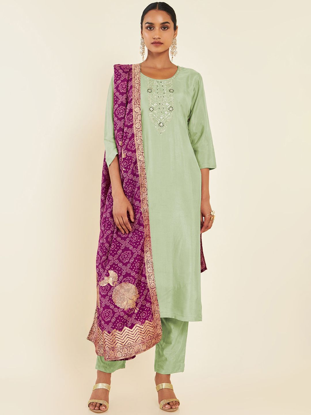 Dhiyona SO Women's Floral Embroidered Yoke Design Kurta With Trousers & Dupatta