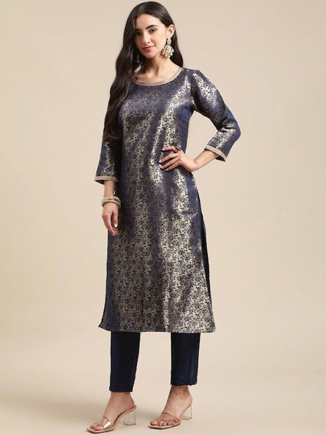 Dhiyona VA Women's Blue & Gold Floral Brocade Gotta Patti Straight Winter Kurta with Trousers