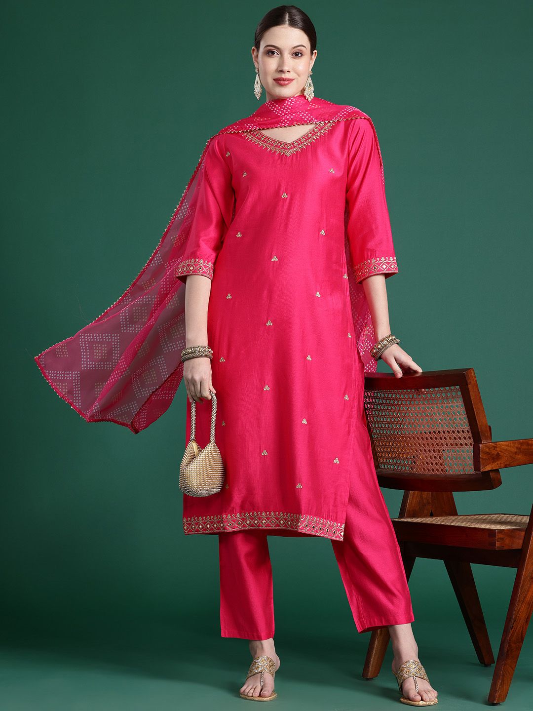 Dhiyona IE Embroidered Zari Liva Kurta With Trousers & Dupatta
