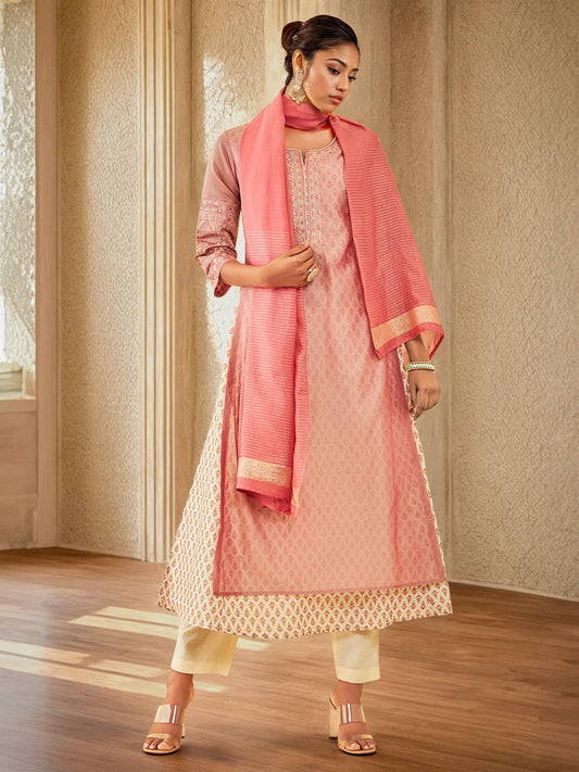 Dhiyona SO Women's Floral Printed Layered Thread Work Chanderi Silk Kurta with Trousers & With Dupatta