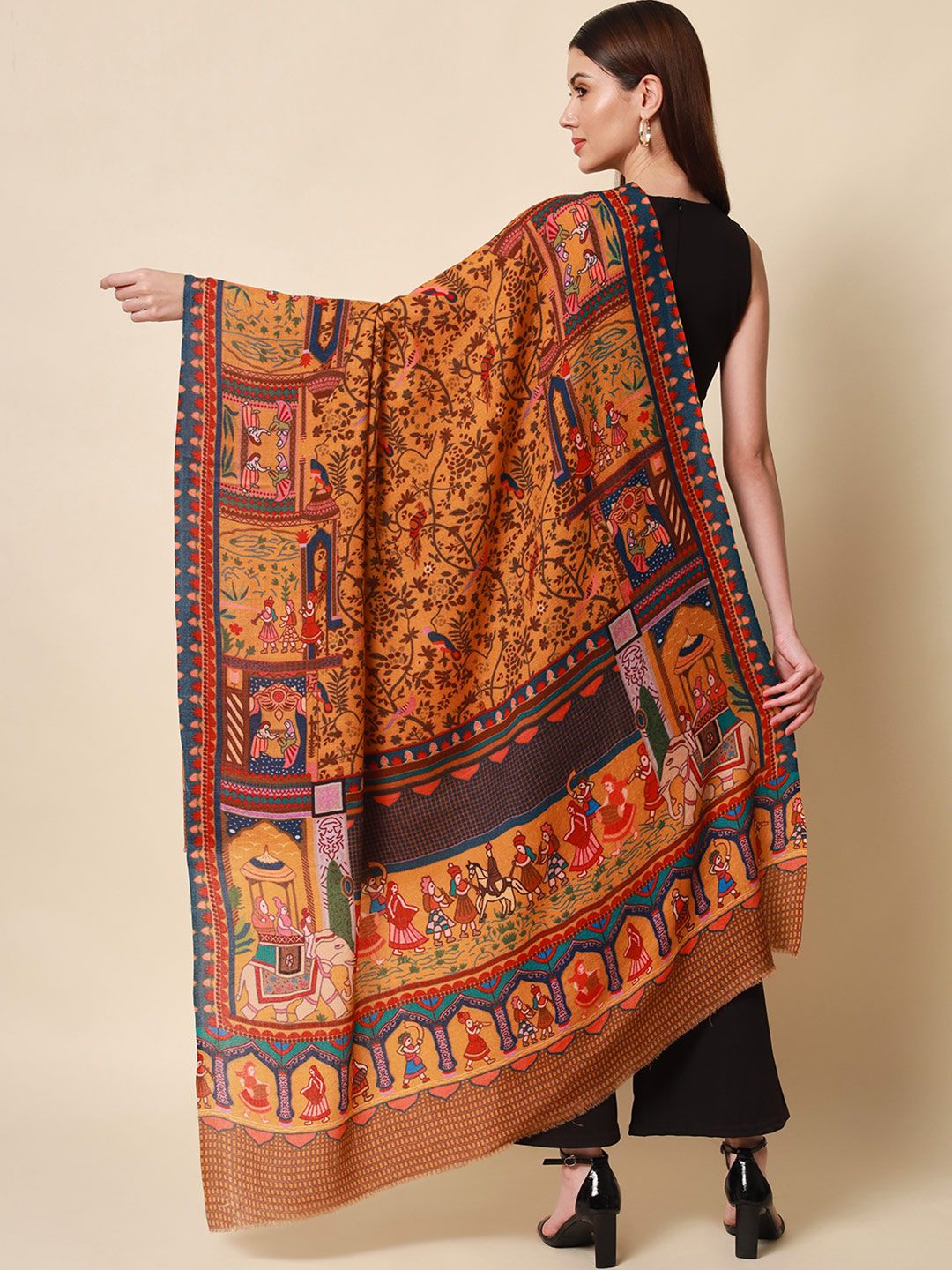 Dhiyona PA Women Yellow Printed Pure Wool Shawl
