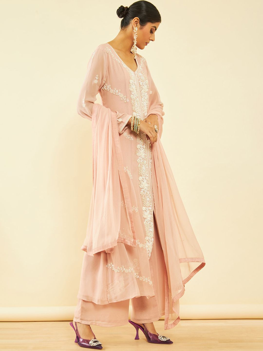 Dhiyona SO Women's Alina Cut Floral Embroidered Beads and Stones Kurta & Palazzos With Dupatta