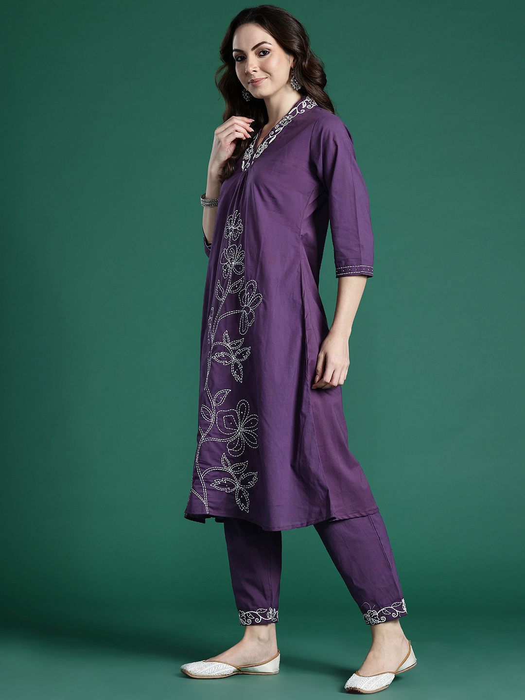 Dhiyona IE Floral Embroidered Pure Cotton Kurta with Trousers & Dupatta
