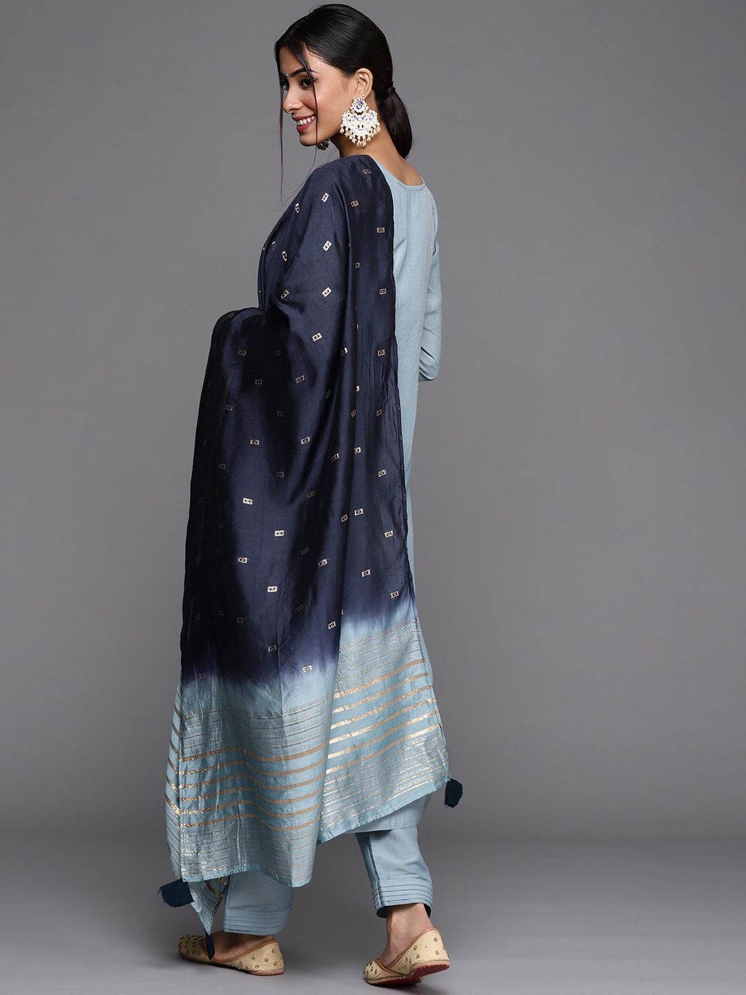 Dhiyona VA Women's Blue & Silver Floral Sequined Straight Kurta Trousers & Ombre Dyed Dupatta