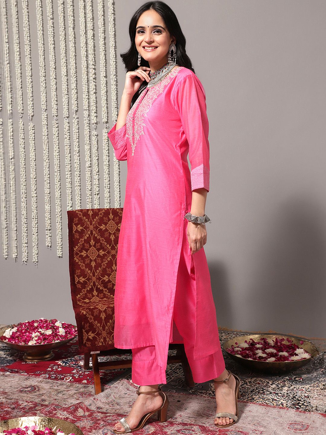 Dhiyona VA Women's Pink Yoke Design Sequinned Chanderi Silk Kurta with Palazzos & With Dupatta
