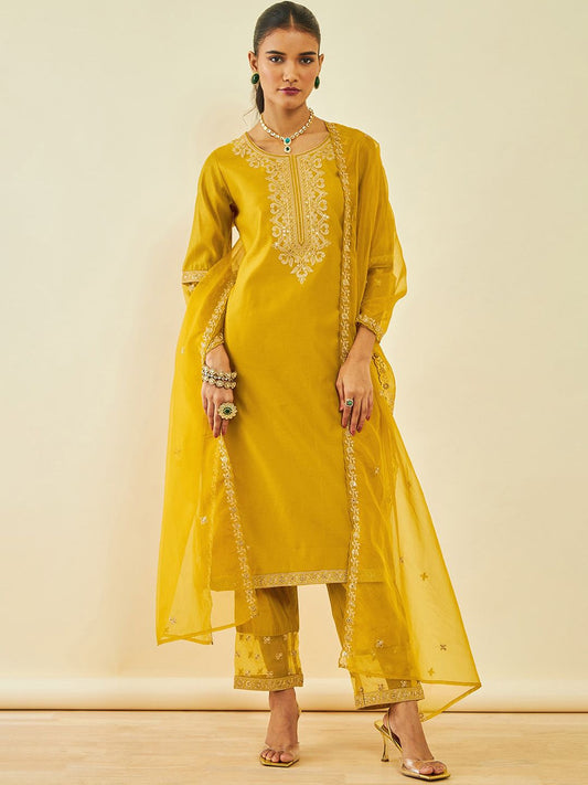 Dhiyona SO Women's Ethnic Motifs Embroidered Regular Sequinned Straight Kurta With Trousers & Dupatta