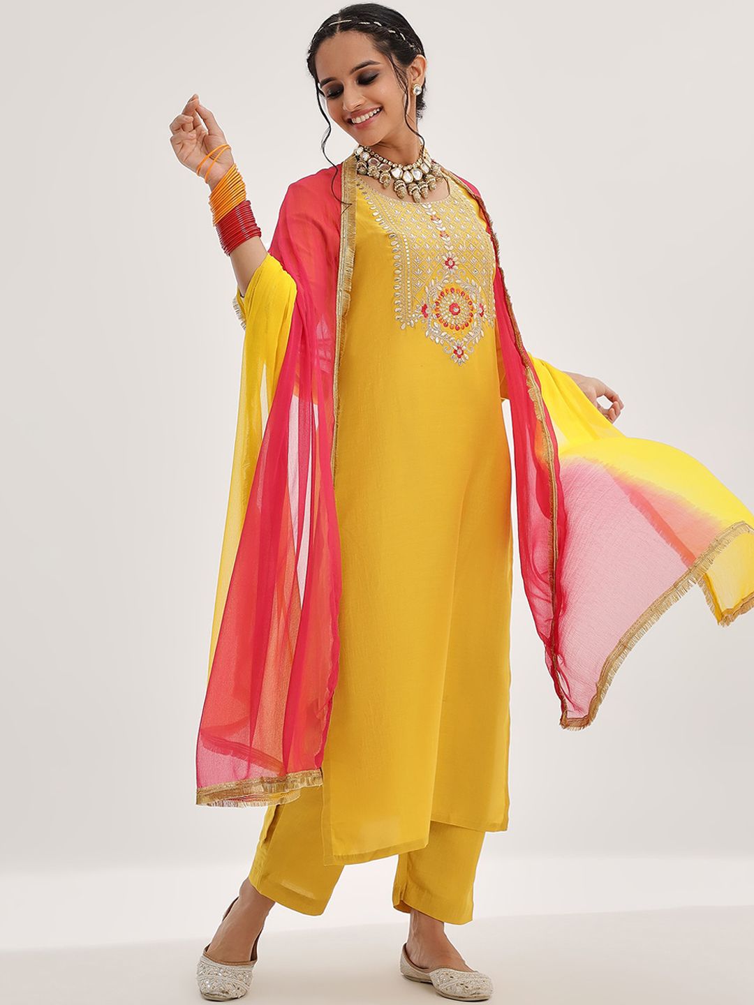 Dhiyona VA Women'sYellow Yoke Design Ethnic Motifs Straight Kurta & Trousers With Dupatta
