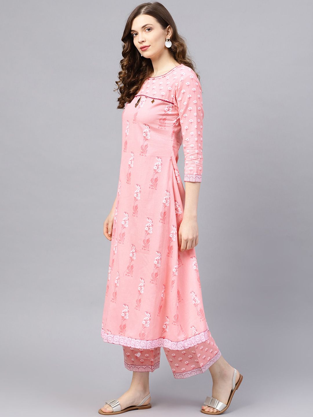 Dhiyona IS Women's Floral Printed Beads and Stones Pure Cotton Kurta with Palazzos