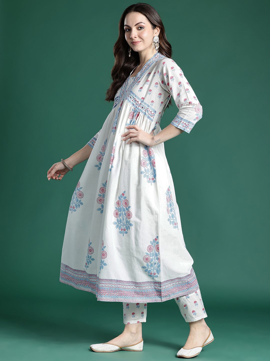 Dhiyona IE Floral Printed Pure Cotton Kurta with Trousers & Dupatta