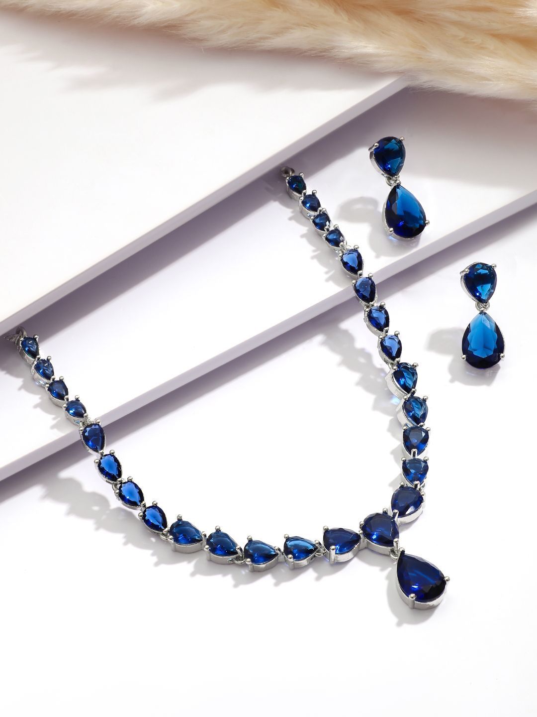 Dhiyona RJ Women's Rhodium Plated Blue Sapphire & Cubic Zirconia Studded Jewellery Set