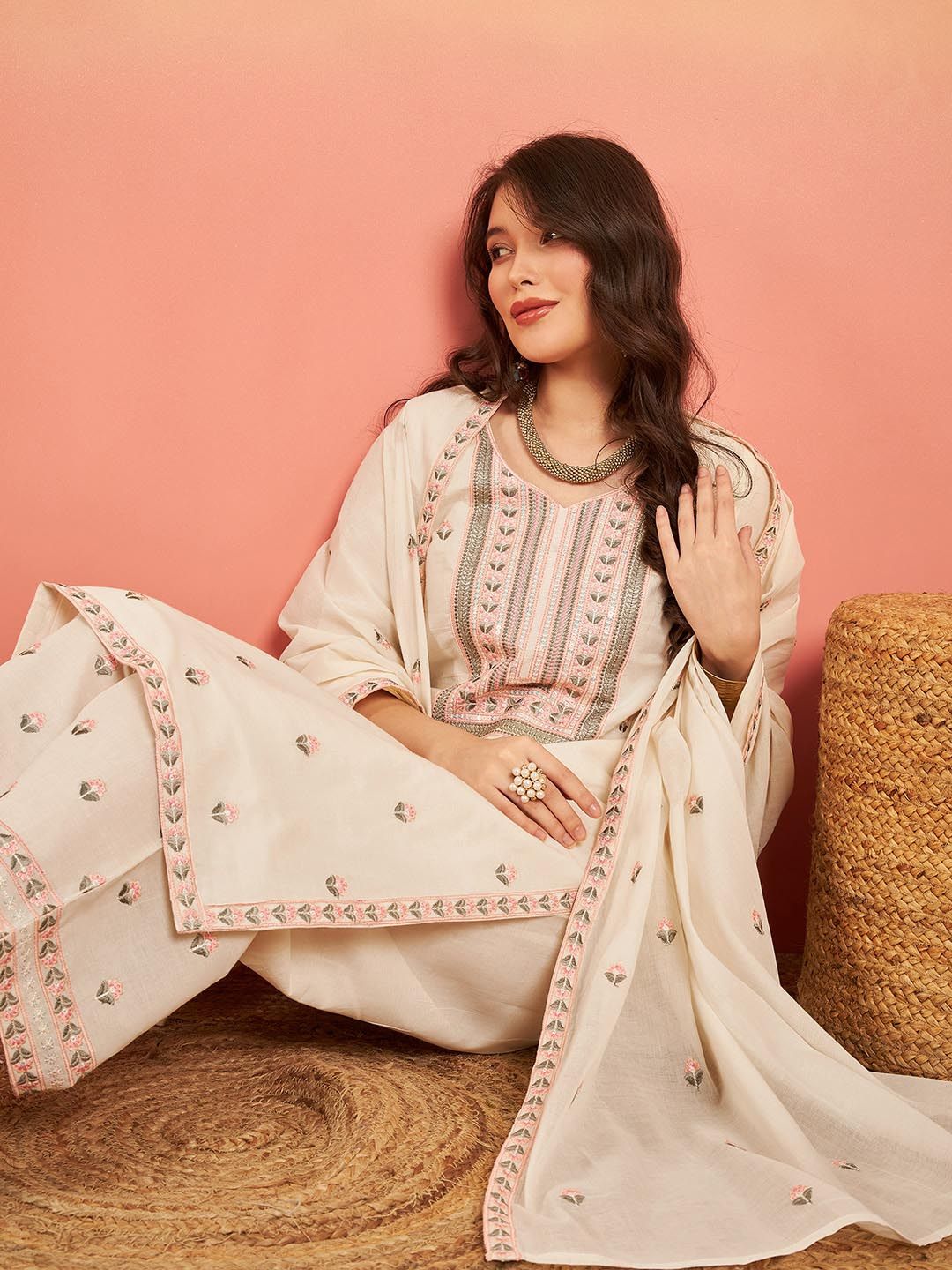 Dhiyona SN Women's Embroidered Pure Cotton Regular Kurta & Trousers With Dupatta