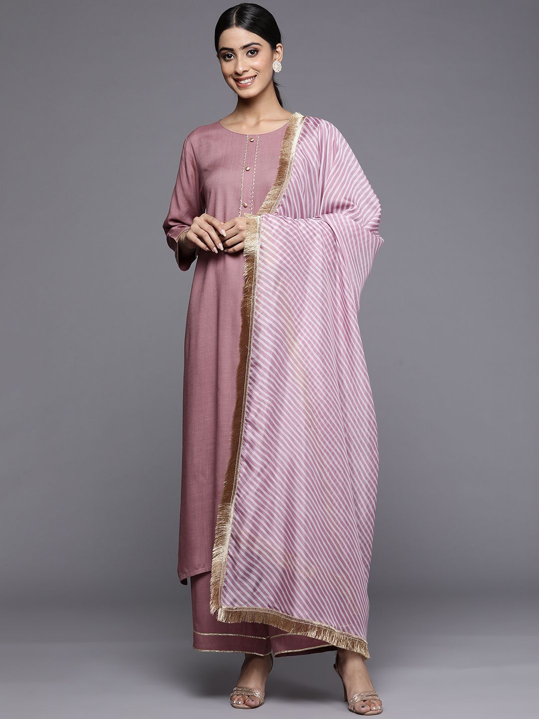 Dhiyona VA Women's Solid Yoke Design Kurta with Trousers & Dupatta