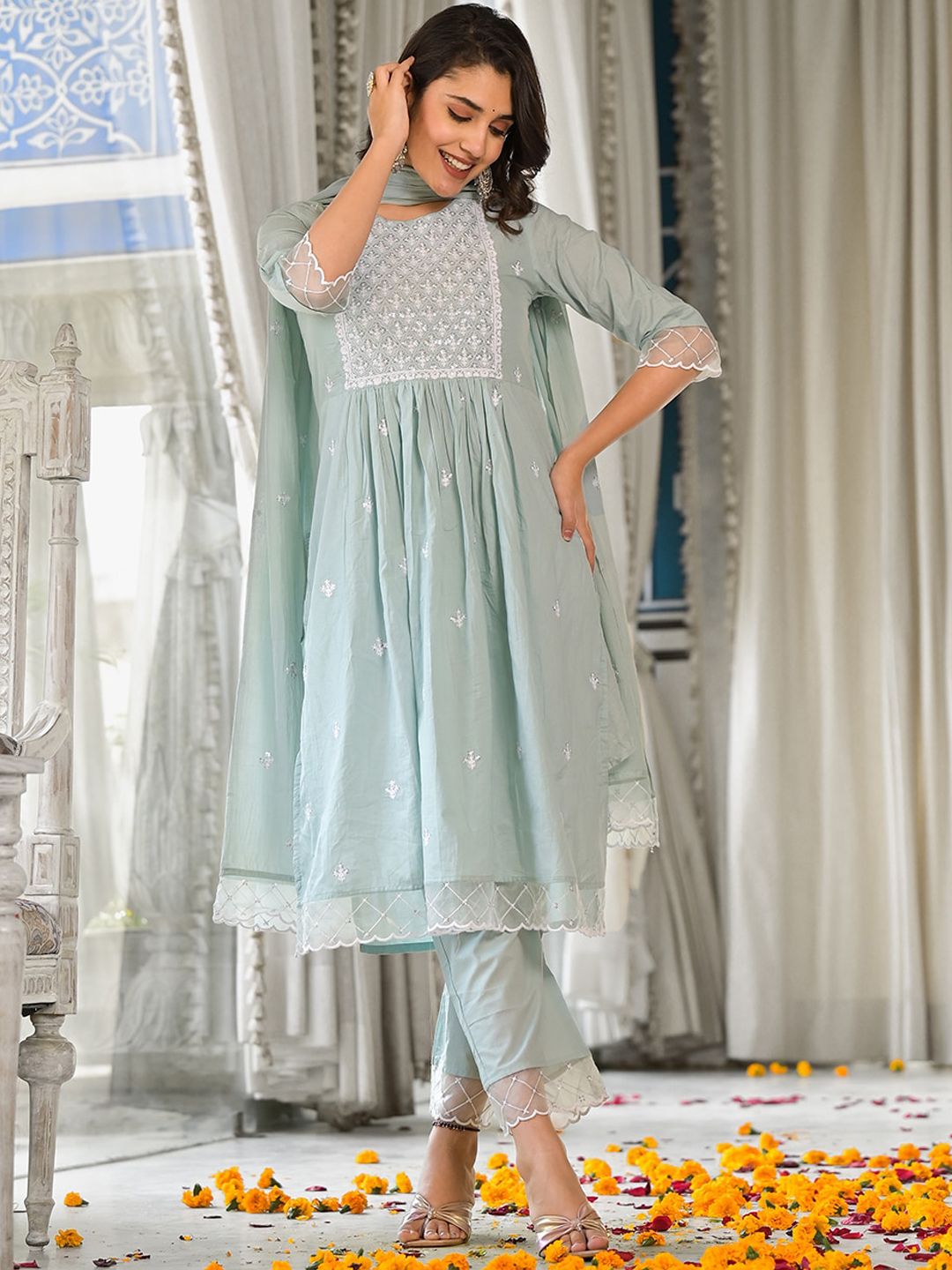 Dhiyona VA Women'sEmbroidered Sequinned Pure Cotton Kurta With Trousers & Dupatta