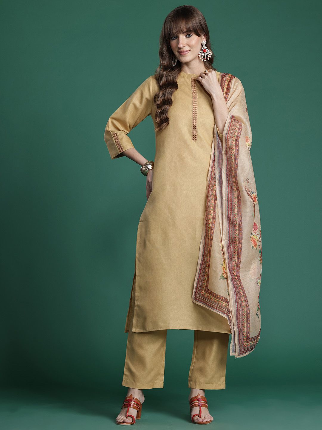 Yoke Design Thread Work Kurta With Trousers & Dupatta