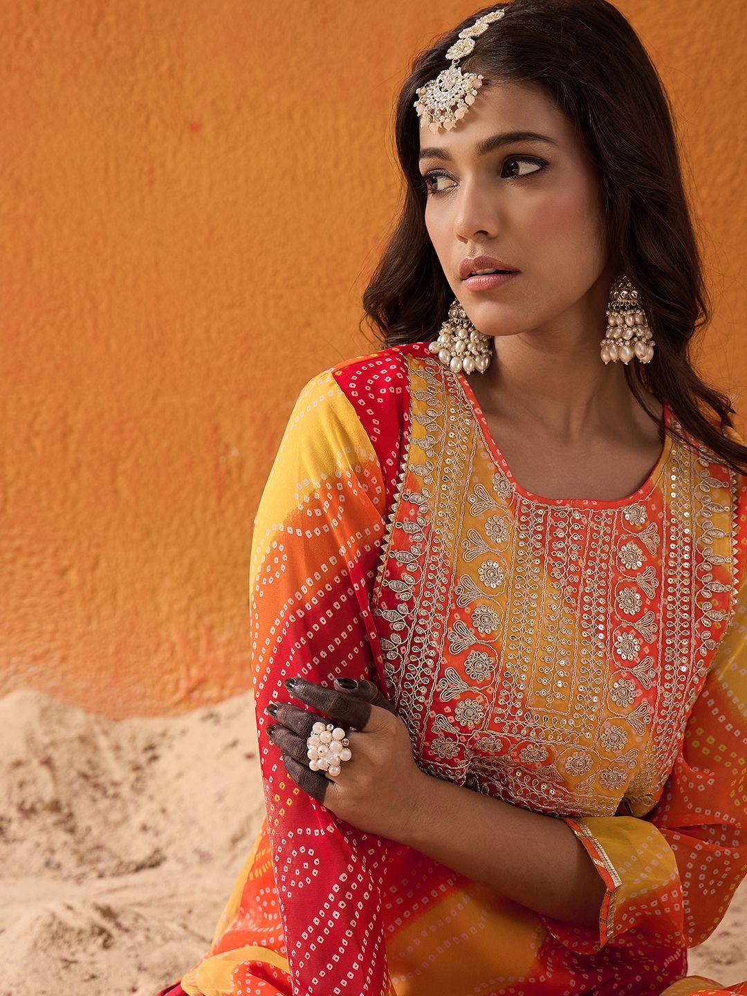Dhiyona IE Red Bandhani Printed Thread Work Georgette Straight Kurta