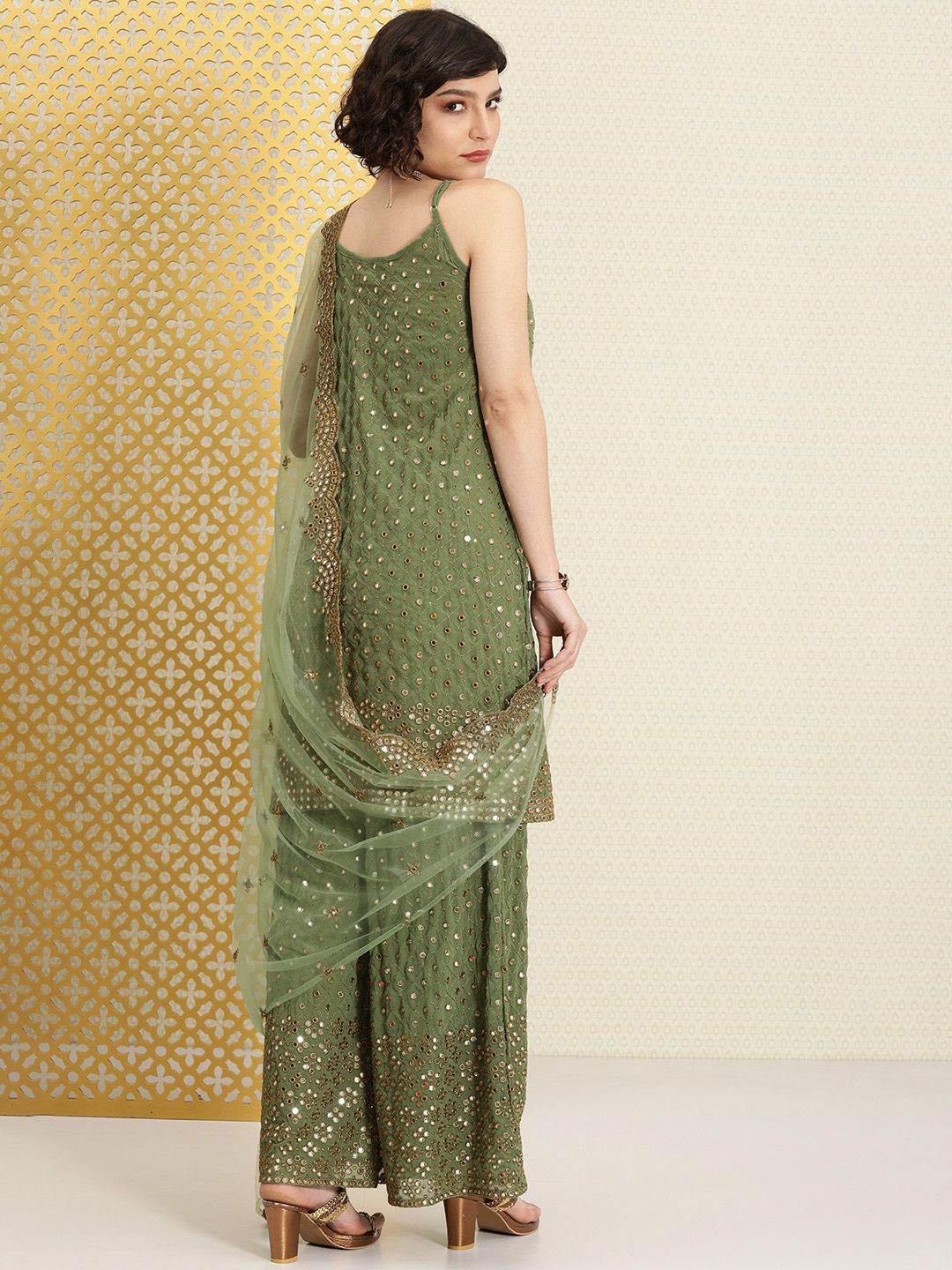Dhiyona PD Women Women Green Mirror Work Jashn Kurta with Palazzos & With Dupatta