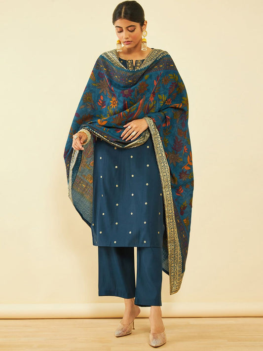 Dhiyona SO Women's Ethnic Motifs Woven Design Zari Straight Kurta With Trousers & Dupatta