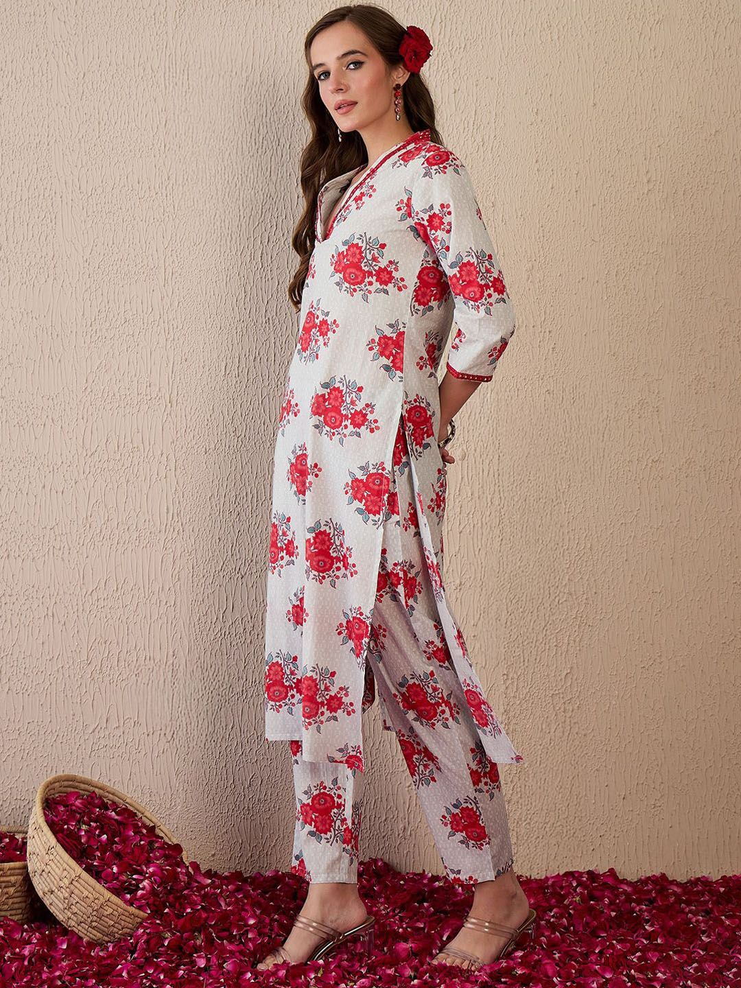 Dhiyona IE Women Floral Printed Regular Mirror Work Pure Cotton Kurta with Trousers