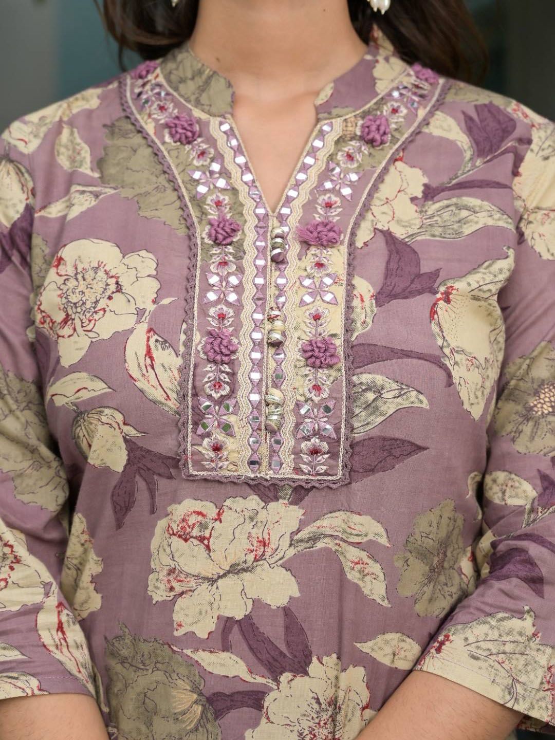 Dhiyona VA Women'sFloral Printed Regular Mirror Work Pure Cotton Kurta with Salwar & Dupatta