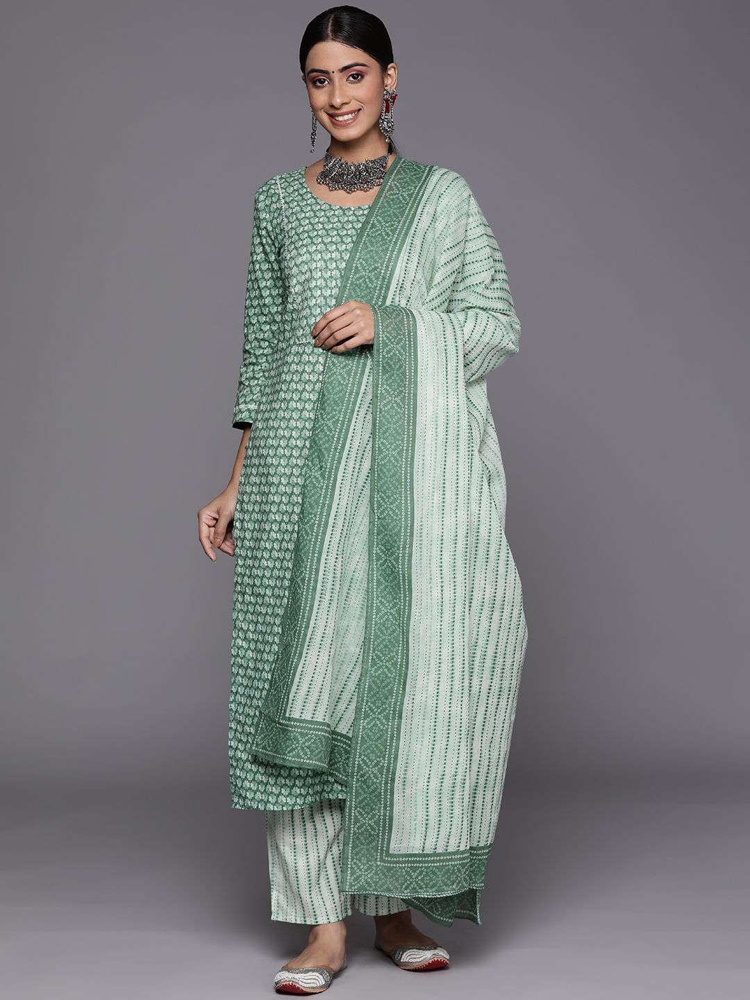 Dhiyona VA Women's Green Floral Printed Pure Cotton Kurta with Trousers & With Dupatta