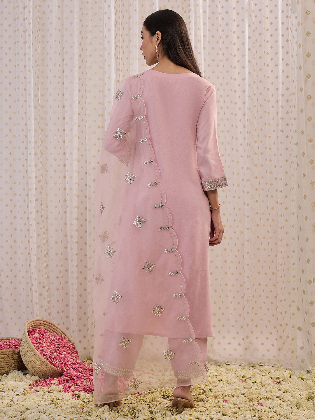 Pink Ethnic Motifs Embroidered Gotta Patti Kurta with Trousers & Dupatta