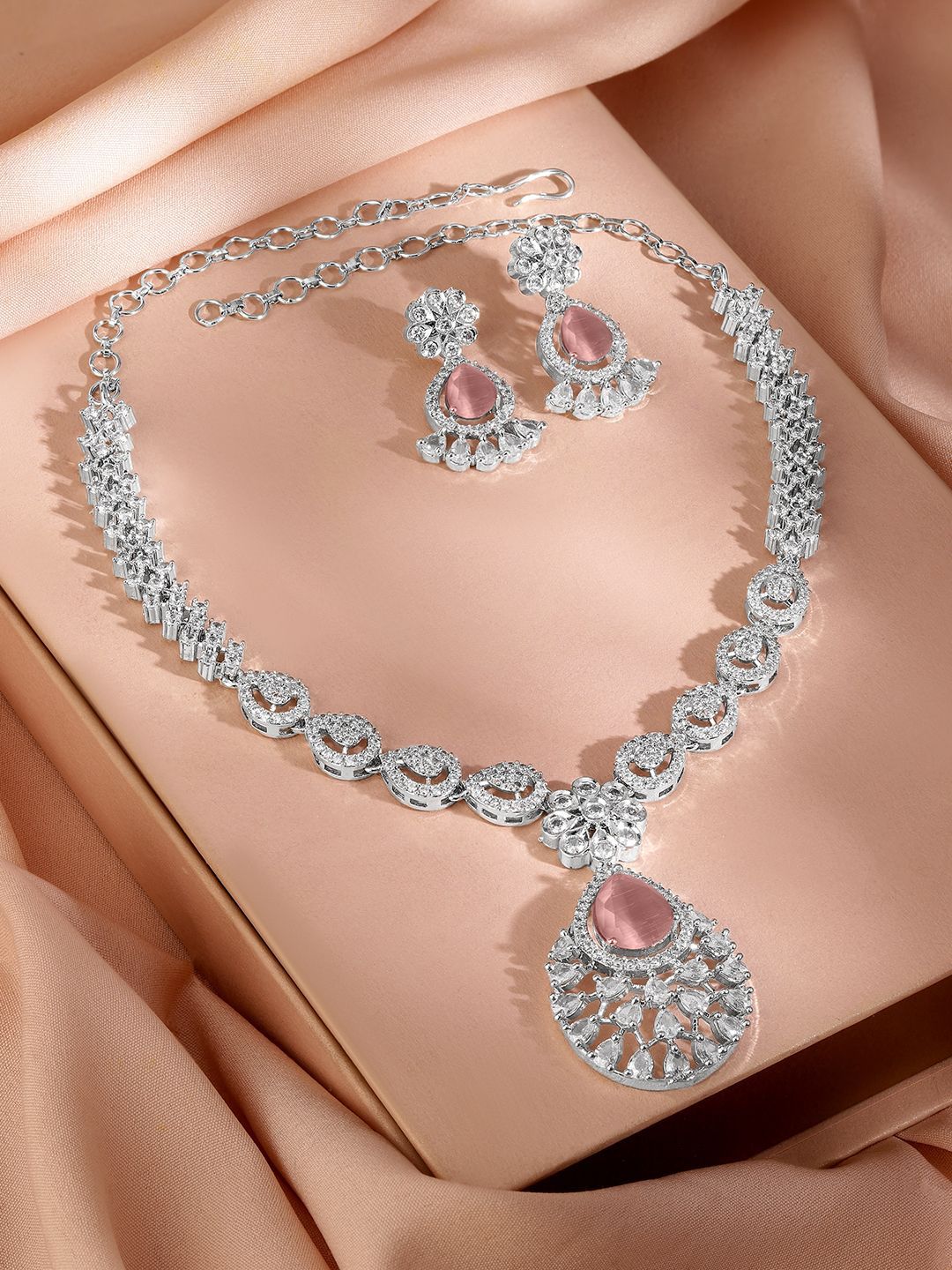 Dhiyona RJ Women's Rhodium-Plated Pastel Pink AD & Cubic Zirconia Studded Necklace Set