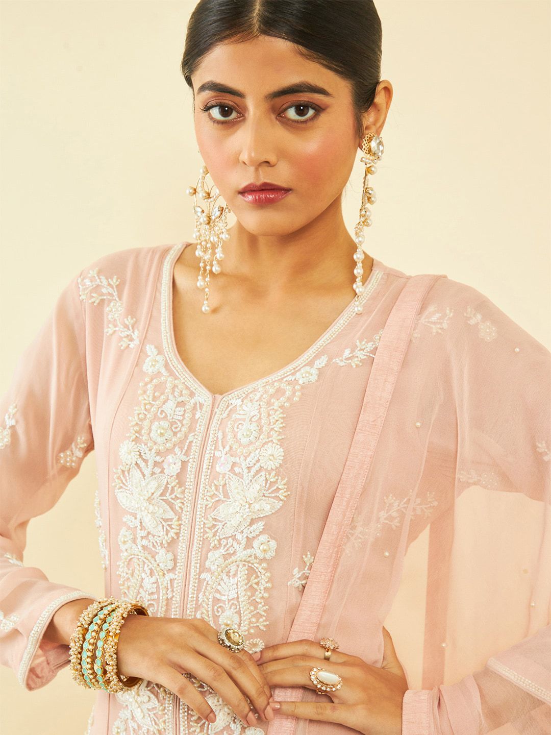 Dhiyona SO Women's Alina Cut Floral Embroidered Beads and Stones Kurta & Palazzos With Dupatta
