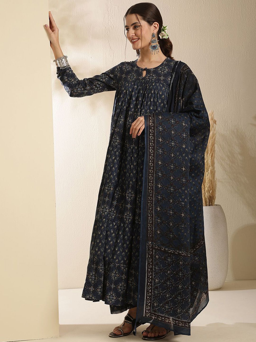 Dhiyona SN Women's Floral Printed Pure Cotton Key Hole-Neck Anarkali Kurta With Trouser & Dupatta