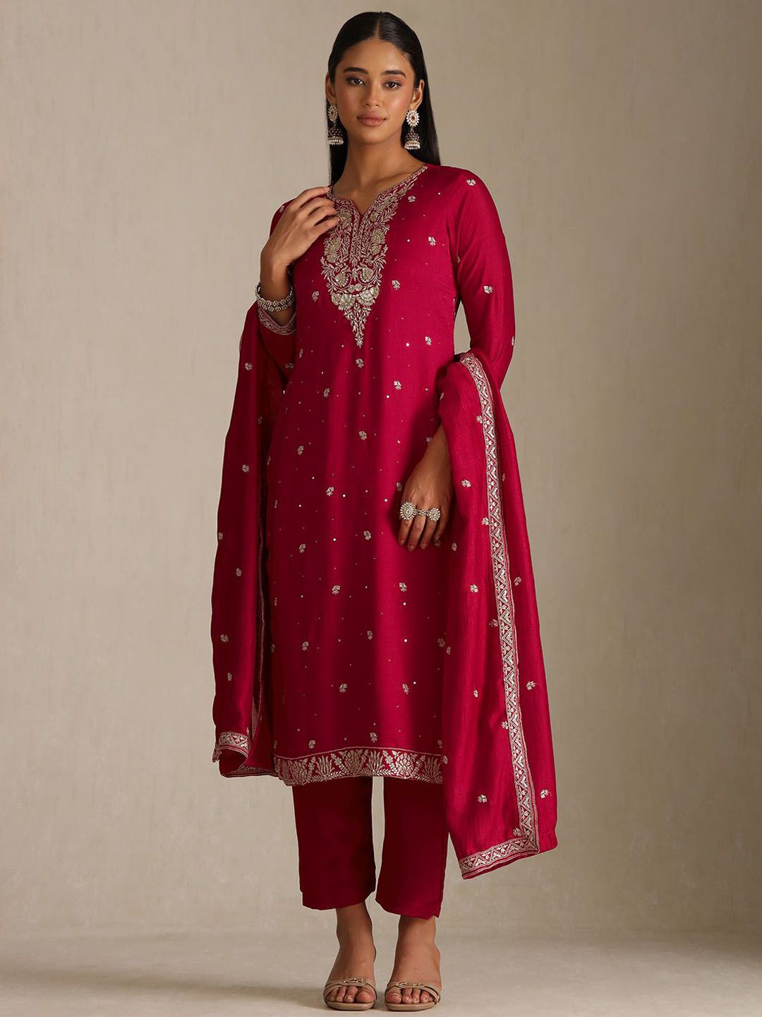 Dhiyona SO Women's Ethnic Motifs Embroidered Notch Neck Straight Kurta With Trouser & Dupatta