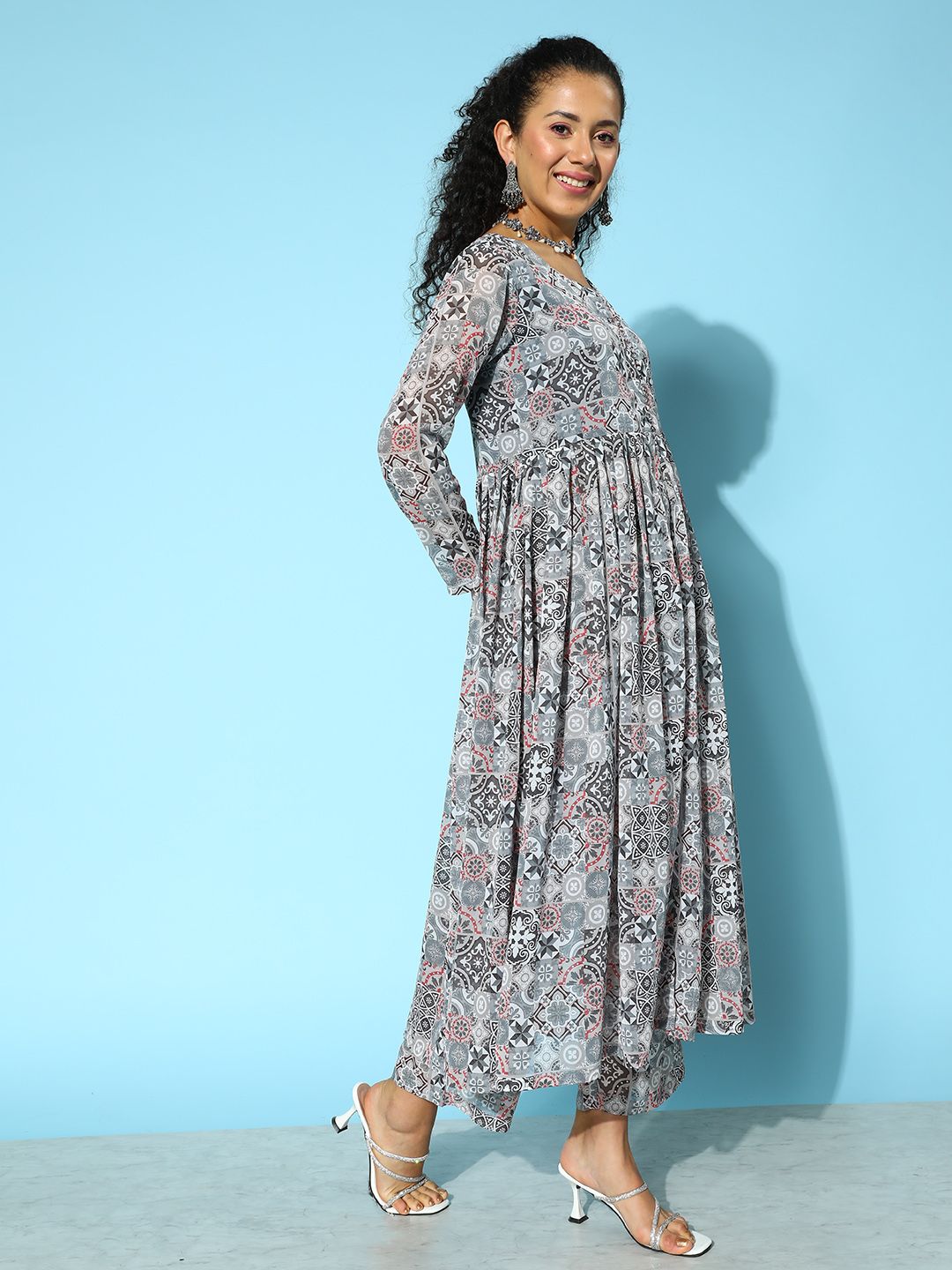 Dhiyona VA Women'sPrinted Silk Georgette Kurta with Trousers