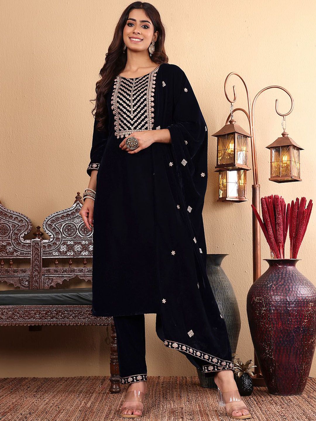 Dhiyona VA Women'sEthnic Motifs Embroidered Zari Velvet Kurta With Trousers And Dupatta