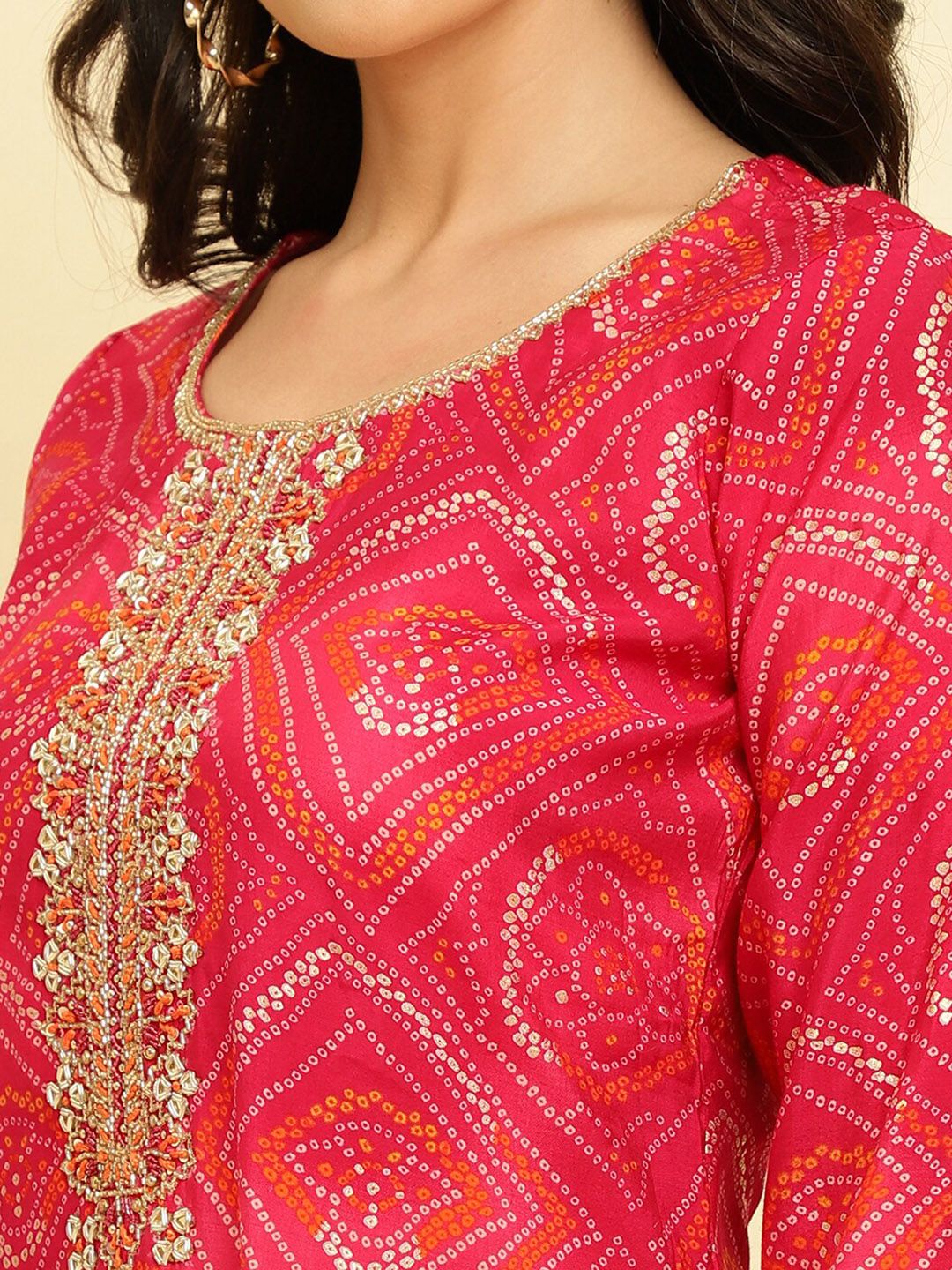 Dhiyona VA Women'sBandhani Printed Regular Chanderi Silk Kurta with Trousers & Dupatta