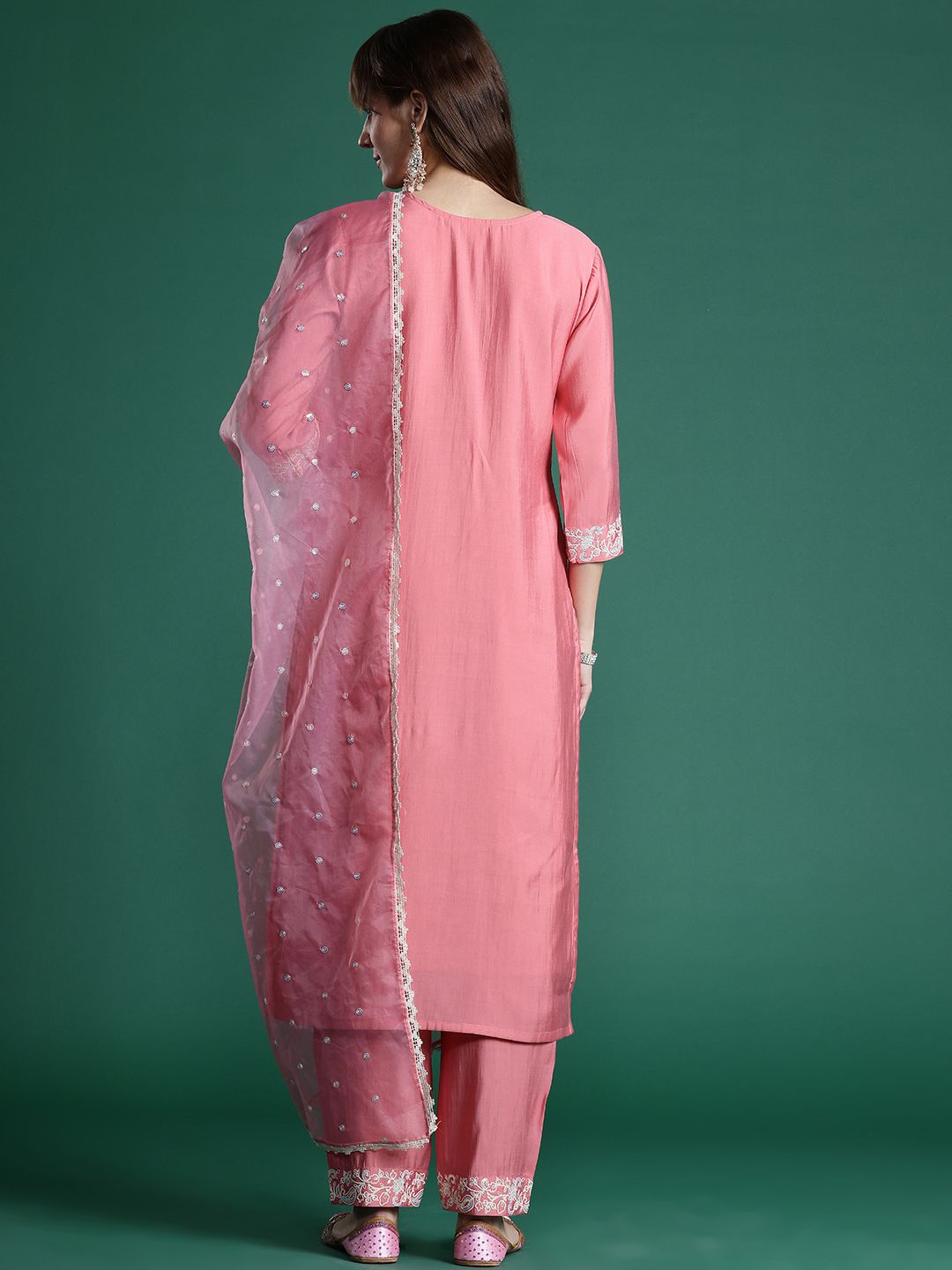Dhiyona IE Floral Embroidered Sequinned Liva Kurta With Trousers & Dupatta