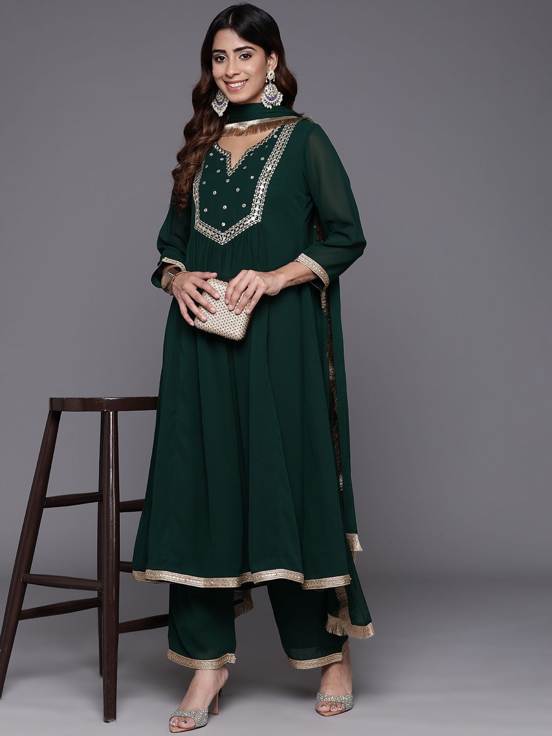 Dhiyona VA Women's Embroidered Empire Mirror Work Silk Georgette Kurta with Trousers & With Dupatta