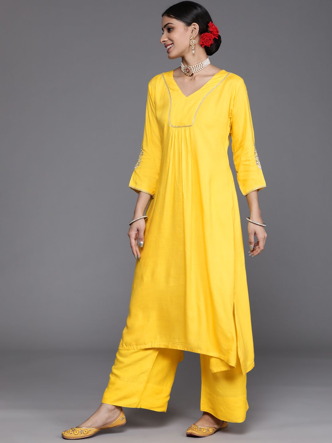 Dhiyona VA Women's Yellow Yoke Design Kurta with Palazzos & With Dupatta