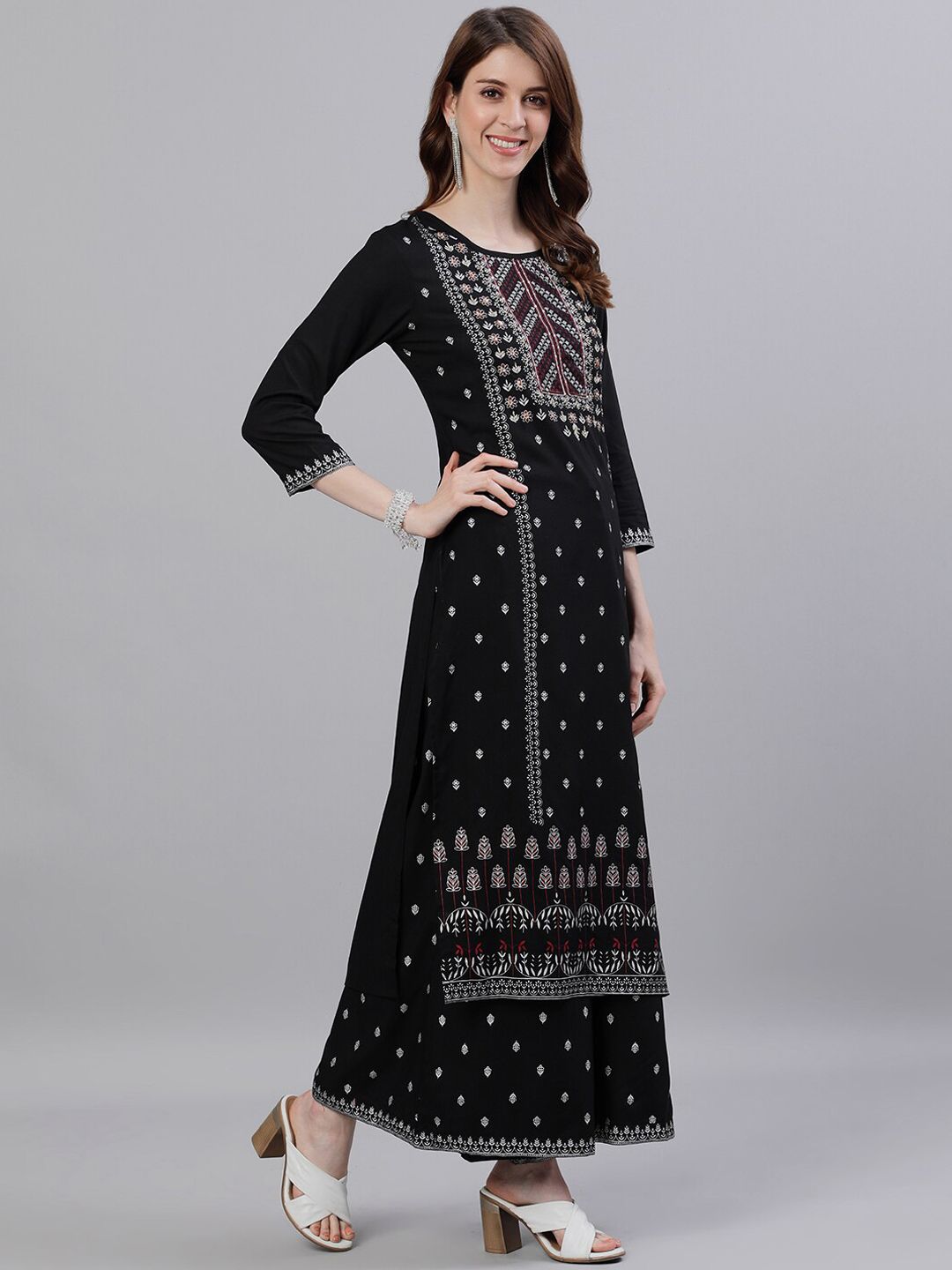 Dhiyona IS Women's Women Black Ethnic Motifs Printed Panelled Kurta with Palazzos & Dupatta