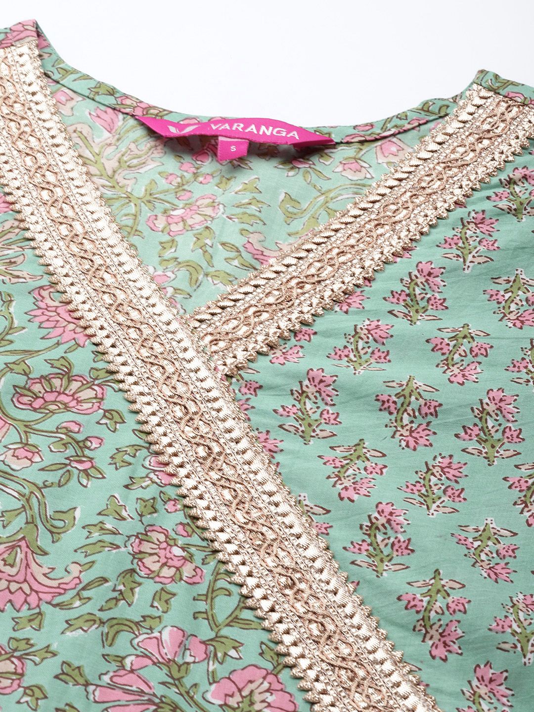 Dhiyona VA Women's Sea Green Floral Printed Angrakha Pure Cotton Kurta with Palazzos