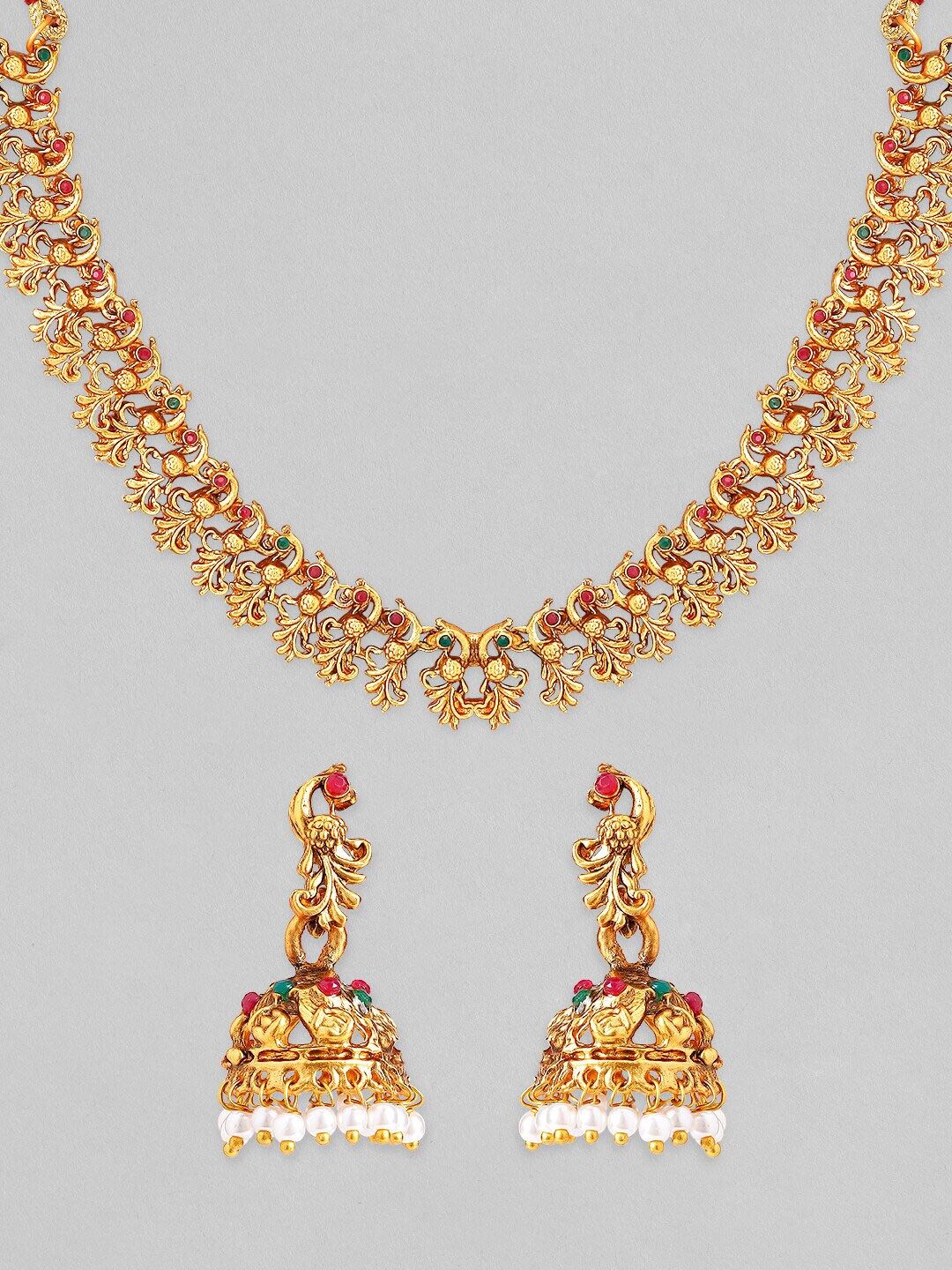 Dhiyona RJ Women's 22K Gold-Plated Ruby Red & Emerald Green Studded Temple Necklace Jewelry Set